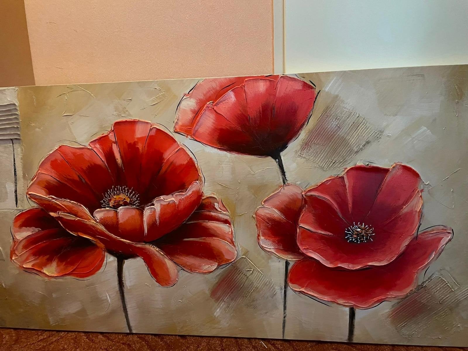 Modern schilderij met rode klaprozen - Gesigneerd, Antiek en Kunst, Kunst | Schilderijen | Modern, Ophalen, Acrylverf, Gesigneerd