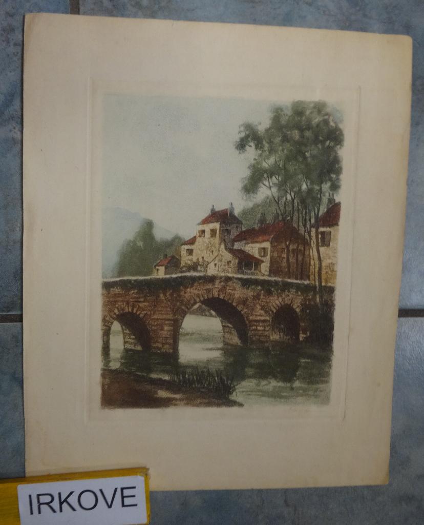 INGEKLEURDE KLEUR ETS * DORP MET BRUG * Gesigneerd *, Stadsgezicht, 19 cm, 24 cm, Handgekleurd