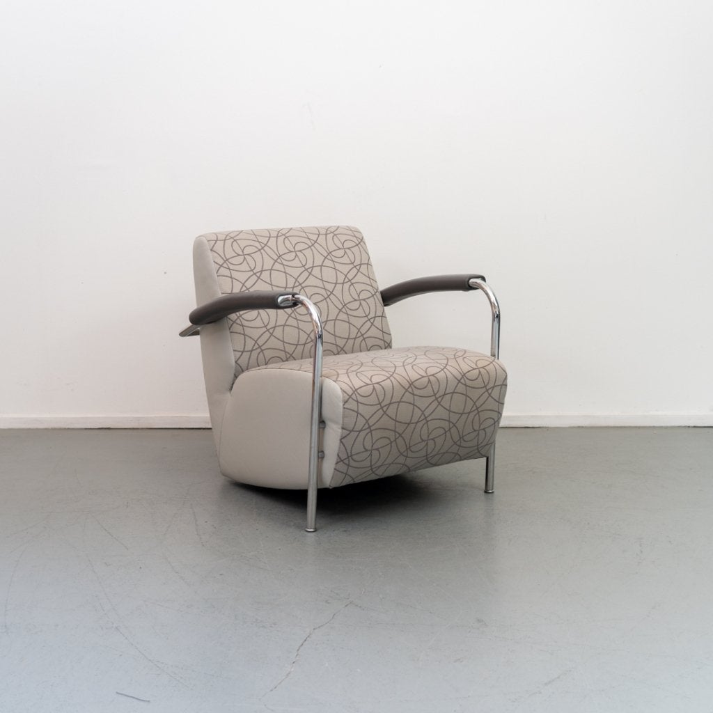 1x Leolux Scylla Fauteuil Laag Beige / Grijs - Rondjesmotief