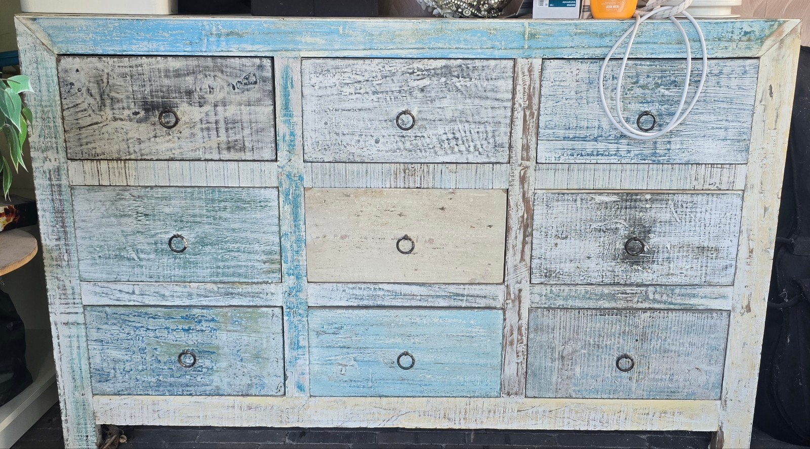 Unieke ladekast in Ibiza-stijl - Blauw/Wit Hout, Huis en Inrichting, Ophalen, Gebruikt, 50 tot 100 cm, Ibiza-stijl, Bohemian, Vintage