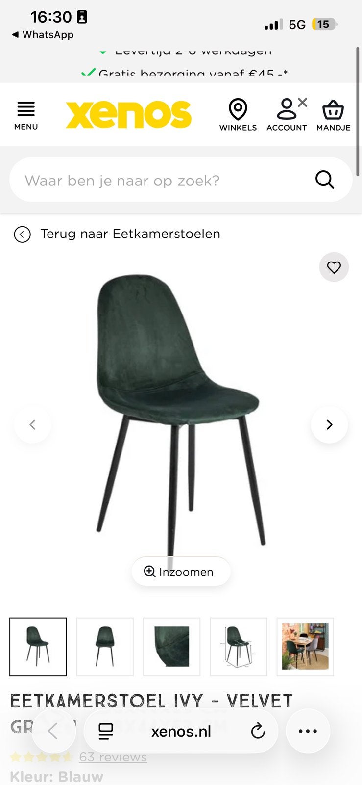 Eetkamerstoel velvet groen 6x voor €50, Ophalen, Gebruikt, Overige kleuren, Stof