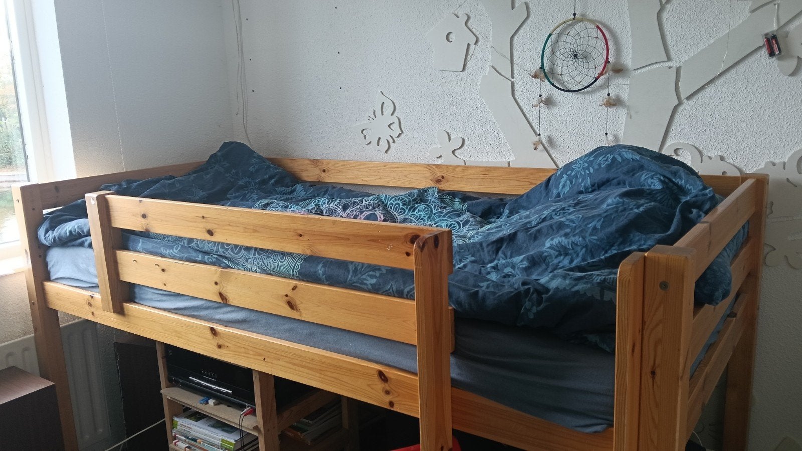 Stevig houten halfhoogslaper met glijbaan, stapelbed, Ophalen, Gebruikt, Eenpersoons, 90 cm