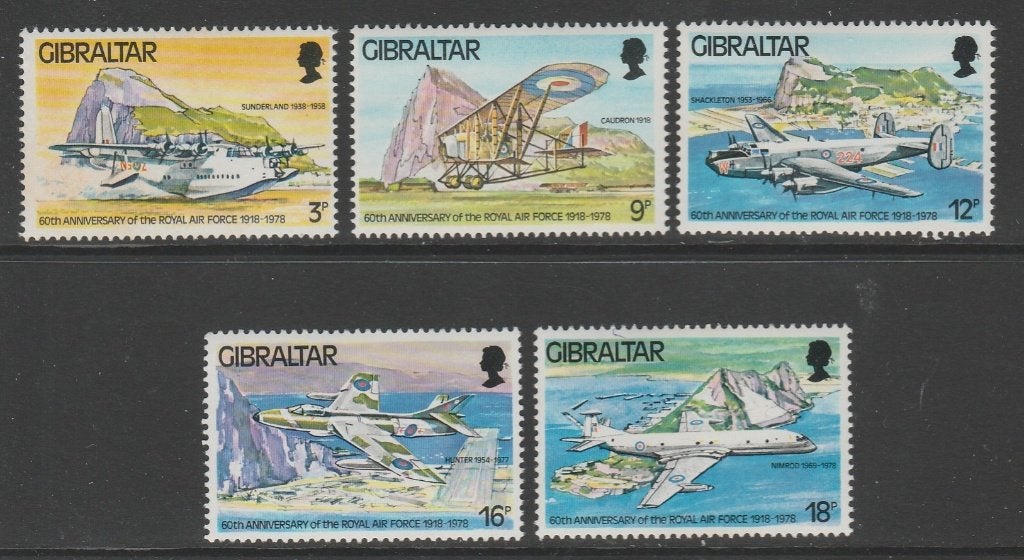 Gibraltar - Michelnr 378-382 - 60 jr RAF diverse vliegtuigen, Verzenden, Postfris, Vliegtuigen