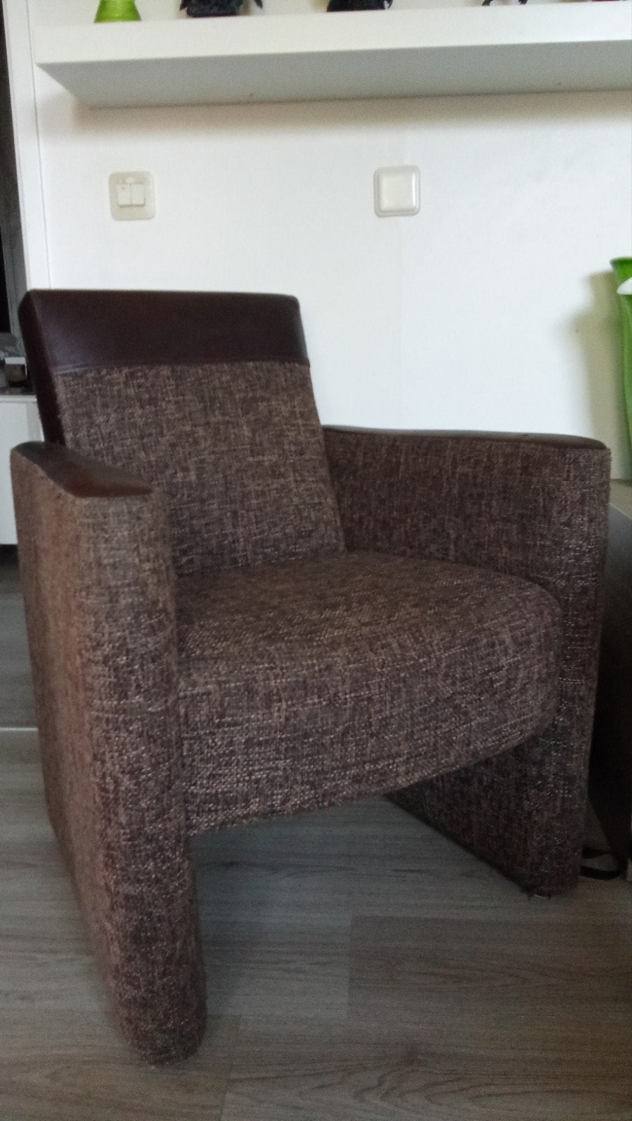 Comfortabele fauteuil - bruin stof en lederlook, Ophalen, Gebruikt, Minder dan 75 cm, Leer