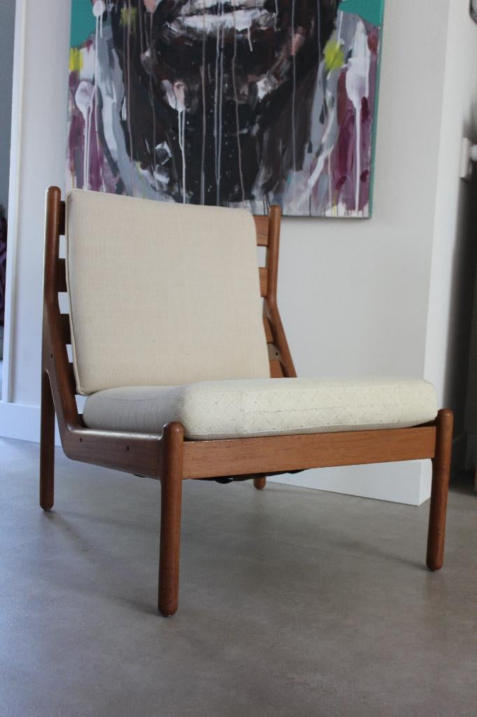 Vintage Mid Century fauteuil Scandinavisch / Deens teak, Ophalen, Gebruikt, Minder dan 75 cm, Stof