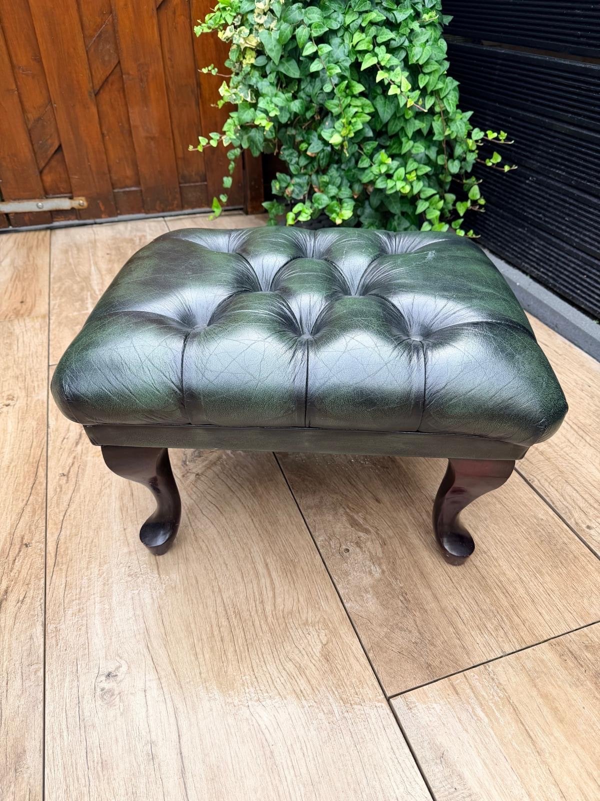 Vintage Groen Leren Voetenbankje Chesterfield Stijl, Ophalen, Minder dan 50 cm, Gebruikt, Vierkant