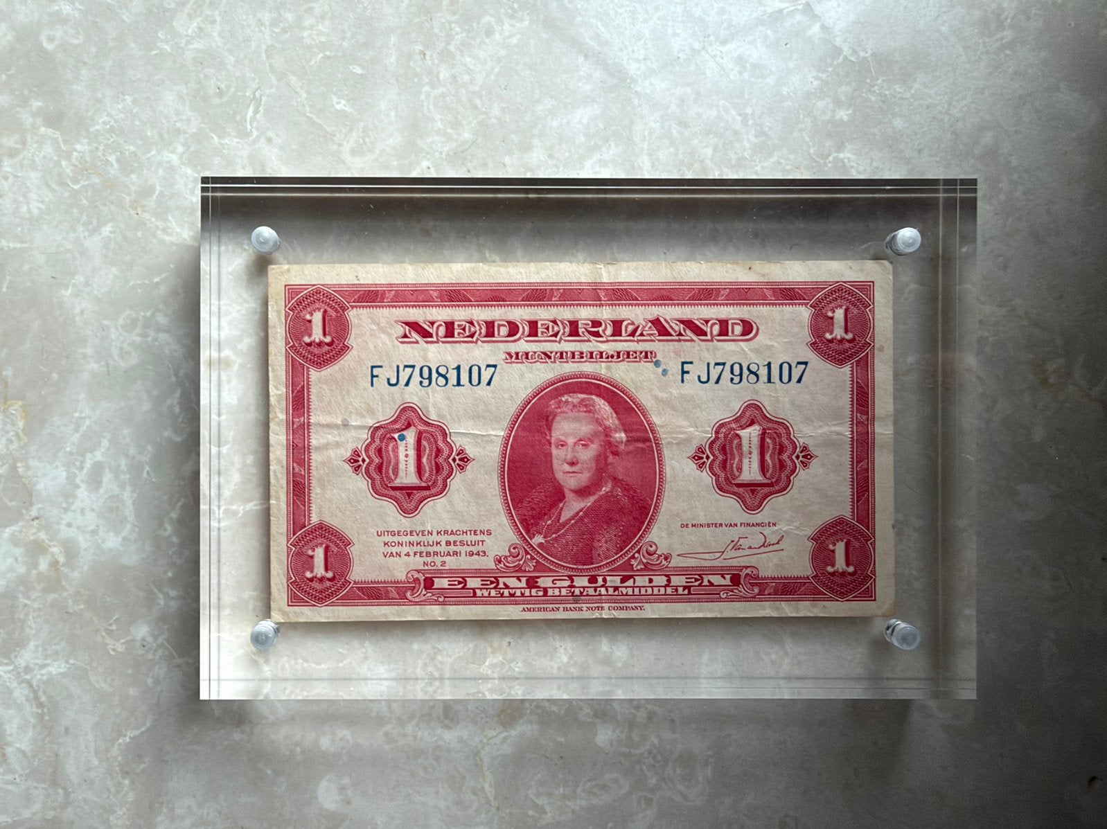 1 gulden (muntbiljet) 1943 Wilhelmina ingelijst, Ophalen of Verzenden, 1 gulden, Los biljet