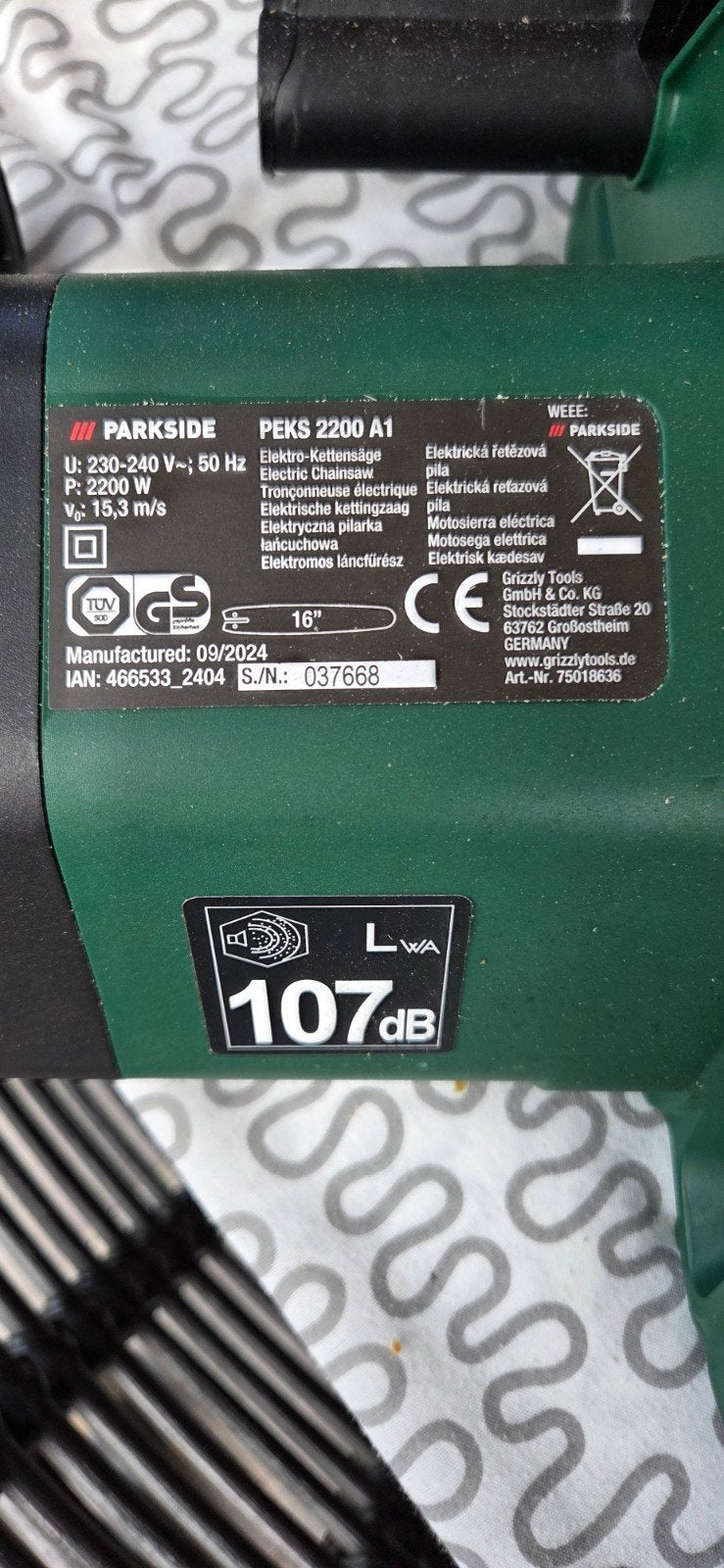 Parkside PEKS 2200 A1 Elektrische Kettingzaag - Nieuwstaat, Ophalen, 70 mm of meer, Kettingzaag, 1200 watt of meer
