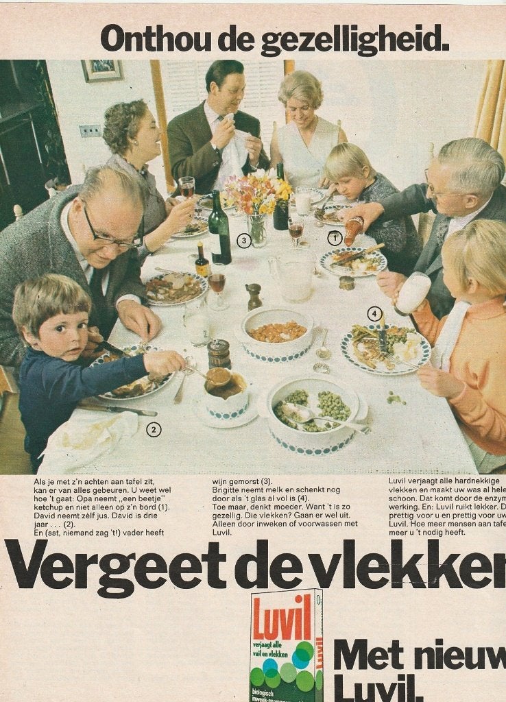 retro reclame 1969 Luvil wasmiddel jongetjes aan tafel, Verzamelen, Verzenden, Overige typen