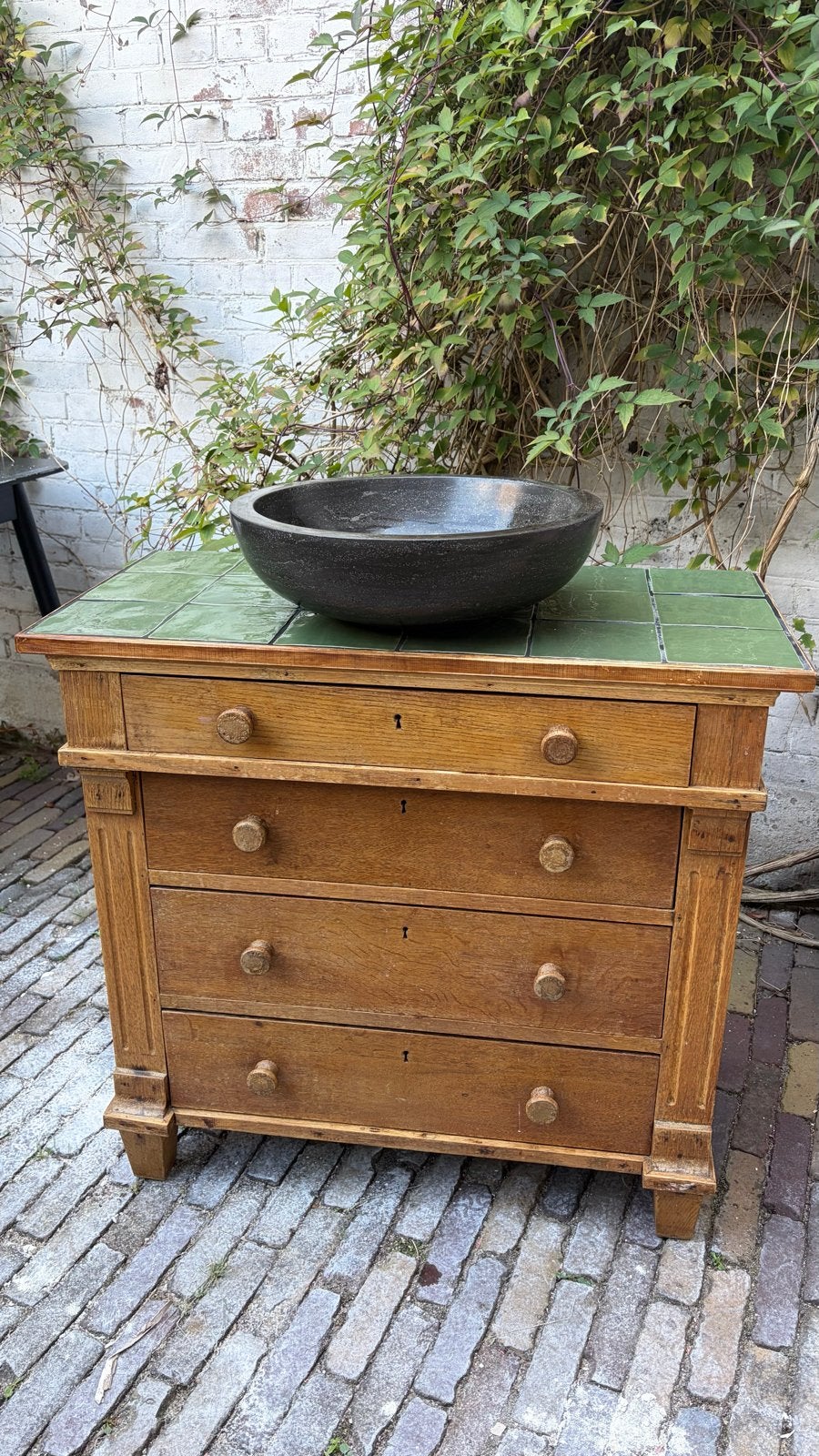 Badkamerkast ladekast met natuurstenen waskom groene tegels, Ophalen, 25 tot 50 cm, 50 tot 100 cm, Minder dan 100 cm
