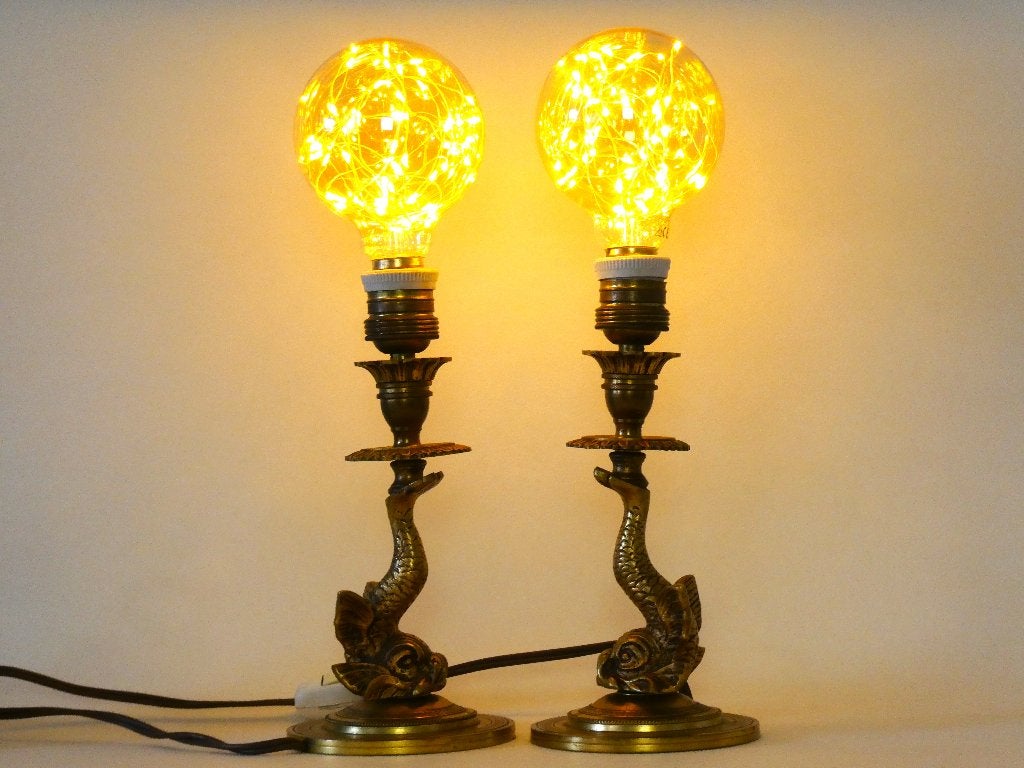 Set van 2 bronzen tafellampen schemerlamp met vis koi karper, Ophalen of Verzenden