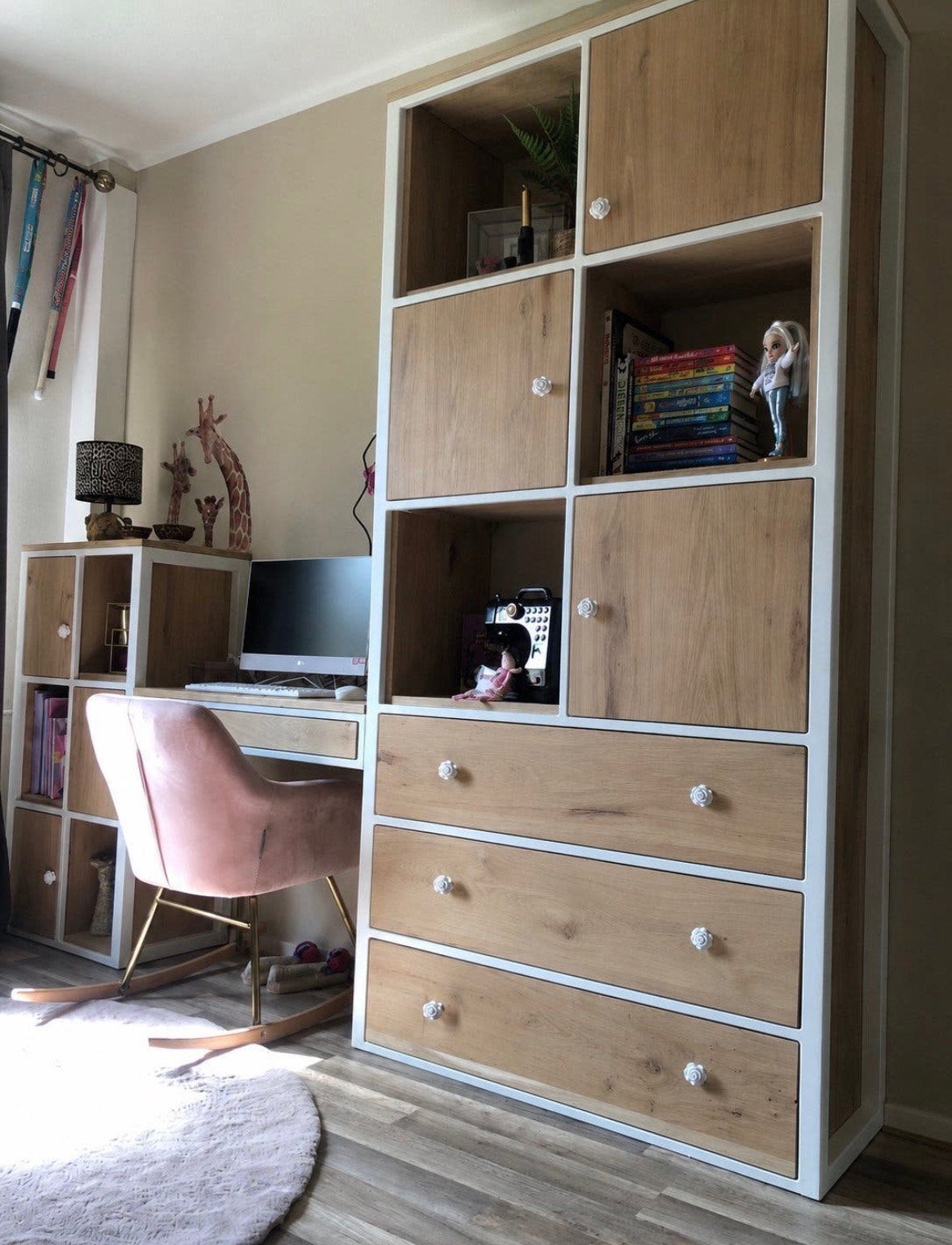 Bureau/kastenwand zwart staal en massief eikenhout, Ophalen, Zo goed als nieuw