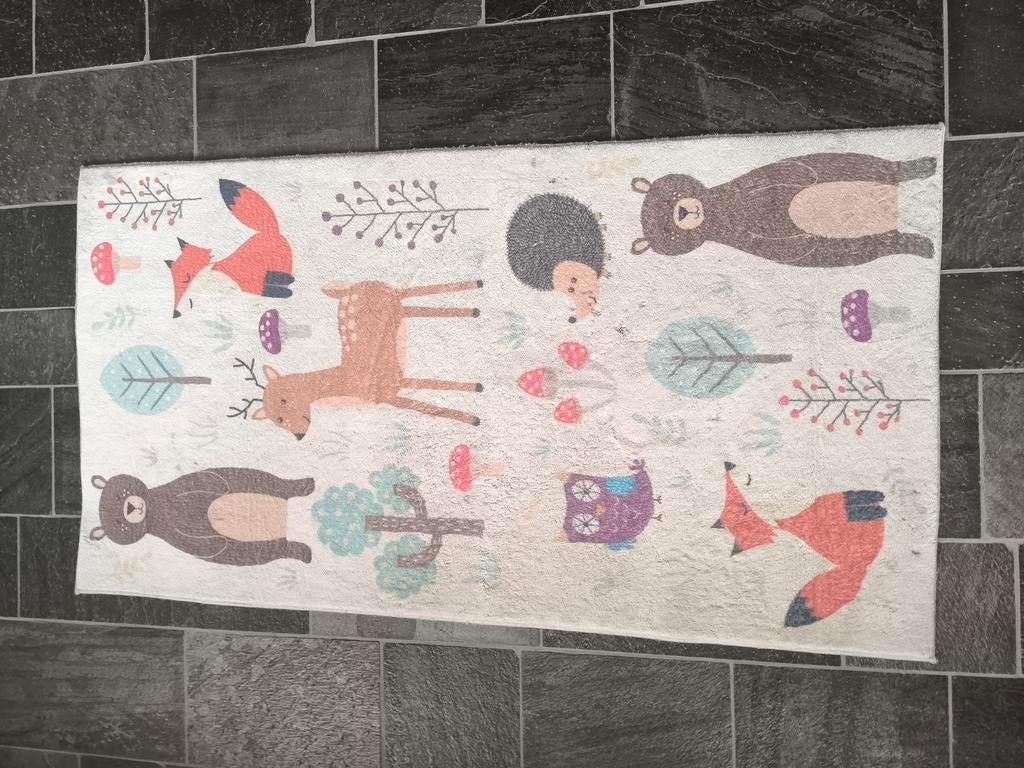 Vloerkleed met bosdieren - 150x80 cm, Ophalen, Gebruikt, Kinderkamer, Speels, Bosdieren, 50 tot 100 cm