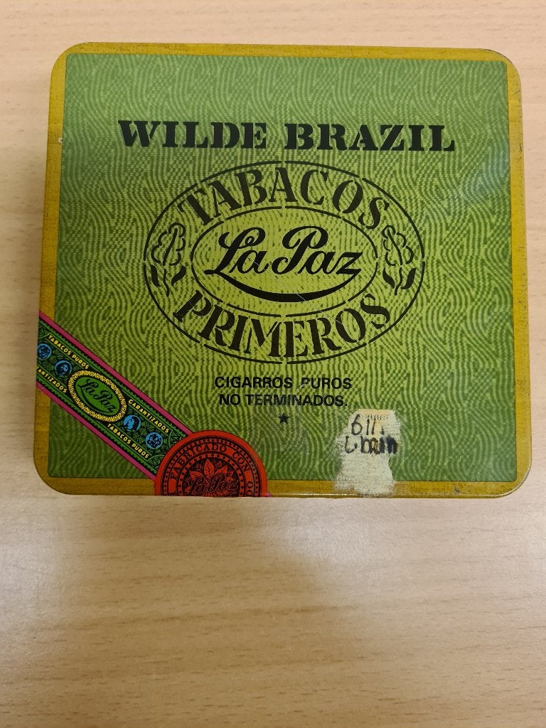 Sigarendoosje.    Blik.     Wilde brazil van la paz., Verzamelen, Ophalen of Verzenden, Gebruikt, Koek(jes)