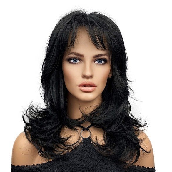 Pruik lang haar zwart met slagen model 2719, Verzenden, Nieuw, Pruik of Haarverlenging