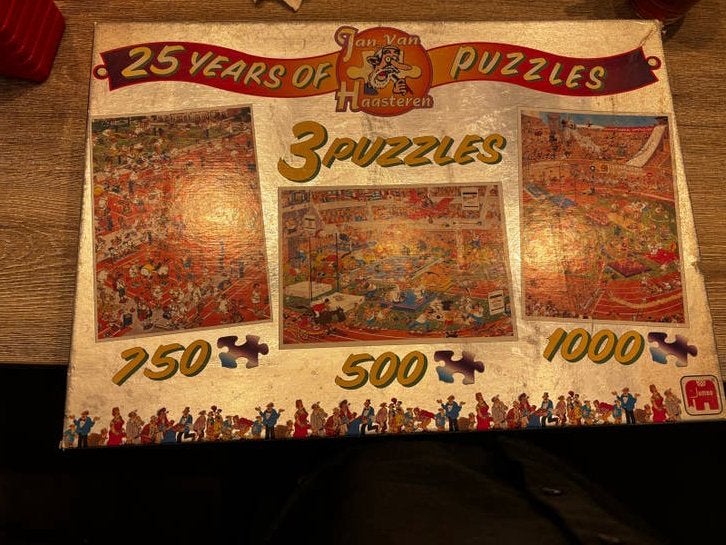 Jan van Haasteren 25 jaar jubileum 3-in-1 puzzelset, Ophalen of Verzenden, 500 t/m 1500 stukjes, Gebruikt, Legpuzzel