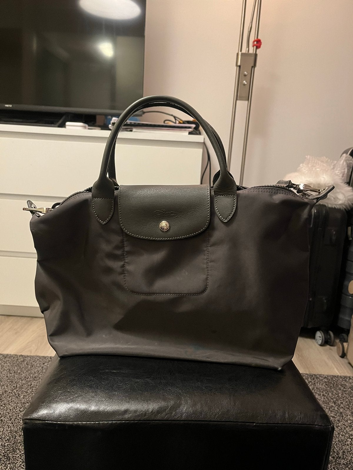 Longchamp Le Pliage M met handgreep en schouderband - Grijs, Ophalen of Verzenden, Gebruikt, Grijs, Handtas