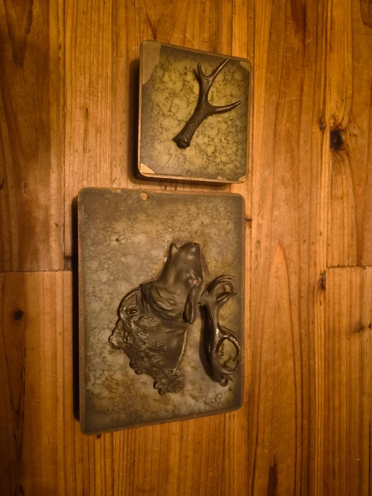 Houten doosjes met messing deksel - Hertenkop & Gewei, Ophalen of Verzenden