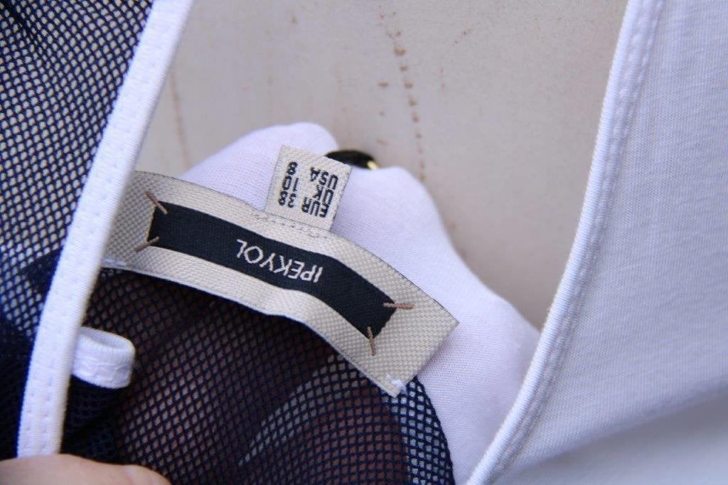 Jurk creme/ donkerblauw Ipekyol mt 38 Vaste prijs, Maat 38/40 (M), Ophalen of Verzenden, Zo goed als nieuw, Onder de knie