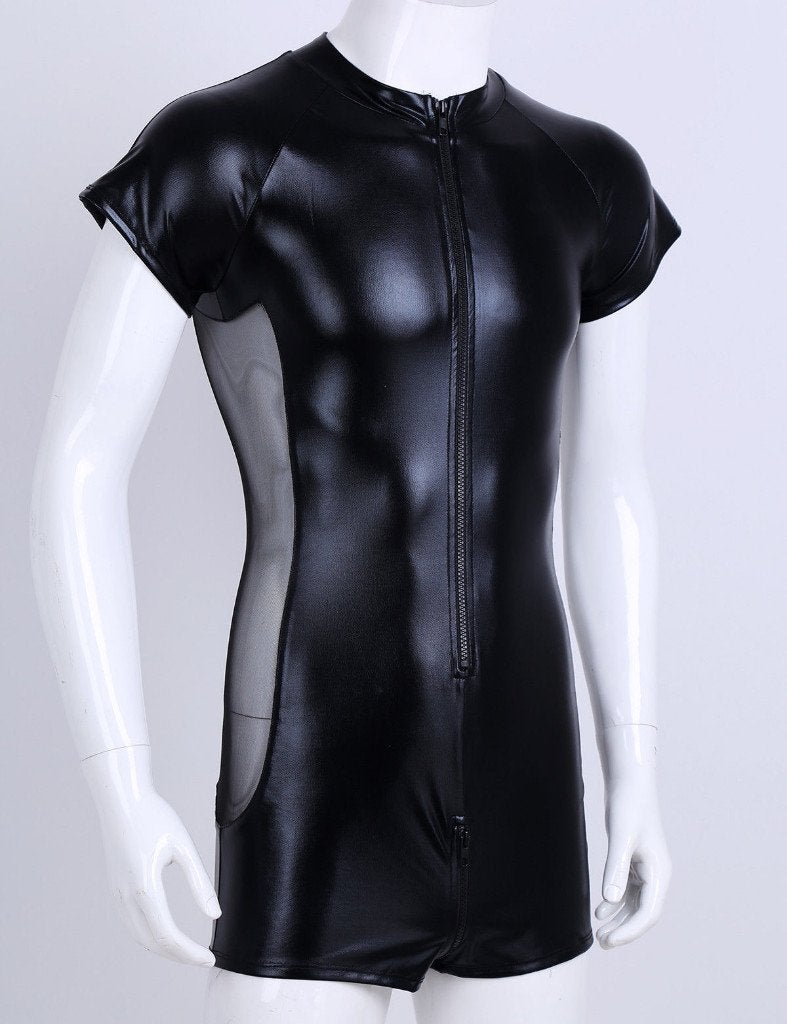 Heren jumpsuit met rits sexy zwarte leren bodysuit wetlook, Verzenden, Nieuw, Overige maten, Overige thema's