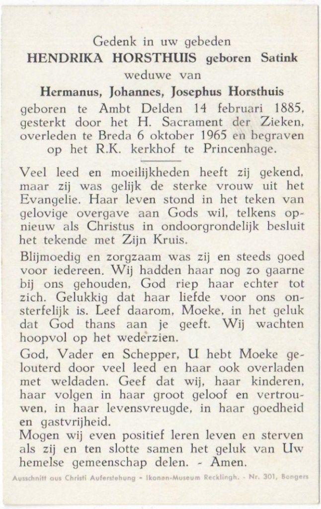 Hendrika Satink 1885 Ambt Delden + 1965 Breda, 80 jaar oud, Ophalen of Verzenden