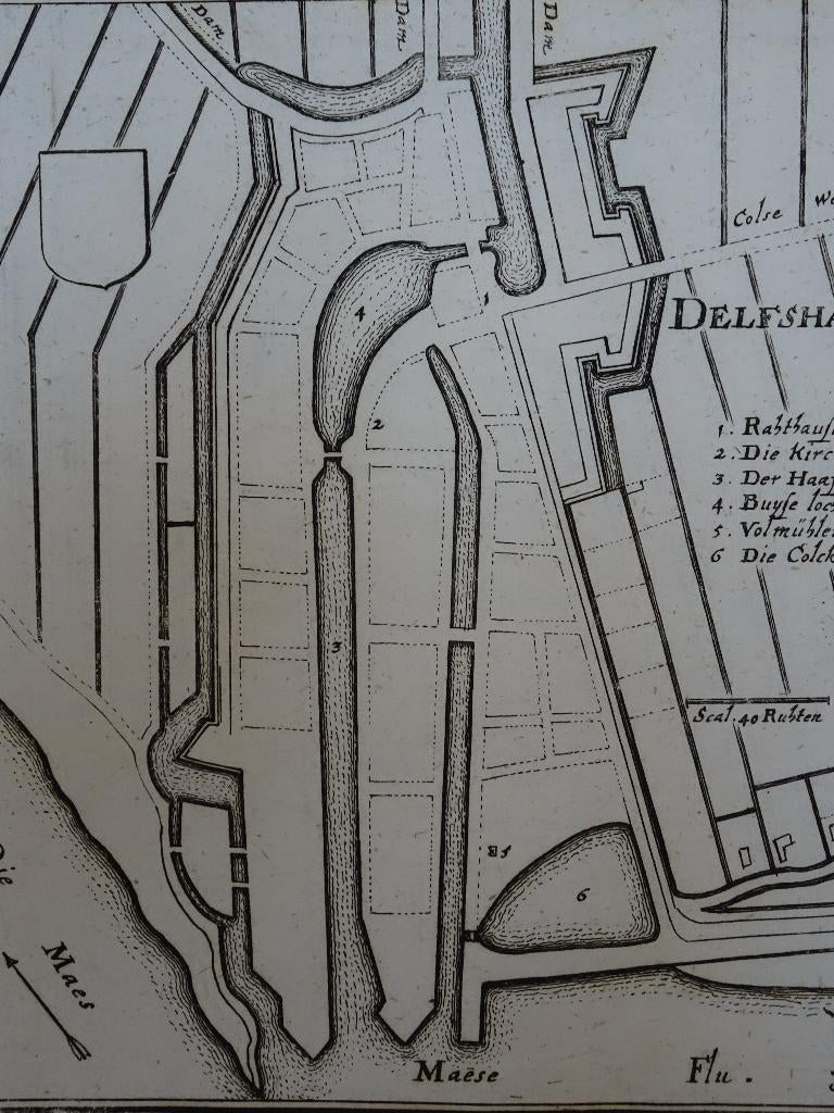 gravure plattegrond Delfshaven, Caspar Merian, 1670, Antiek en Kunst, Verzenden, Cartografie, 1600 - 1699, Gravure