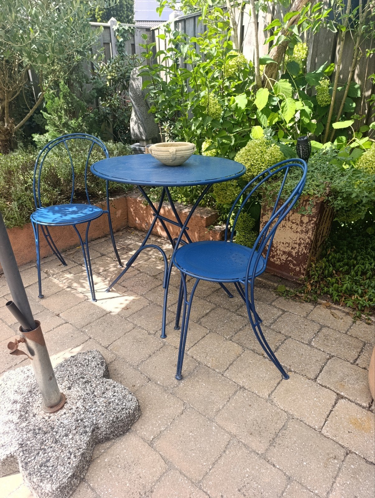 authentiek oud Frans metalen bistrosetje/ tuinset blauw, Tuin en Terras, Ophalen, Overige materialen, 2 zitplaatsen