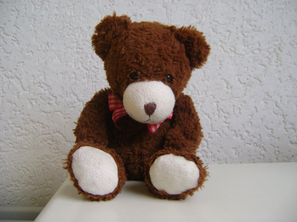 pluche donker bruine beer rode strik en witte snuit en voetz, Beer, Ophalen of Verzenden, Zo goed als nieuw, Middelgroot (20 tot 80 cm)