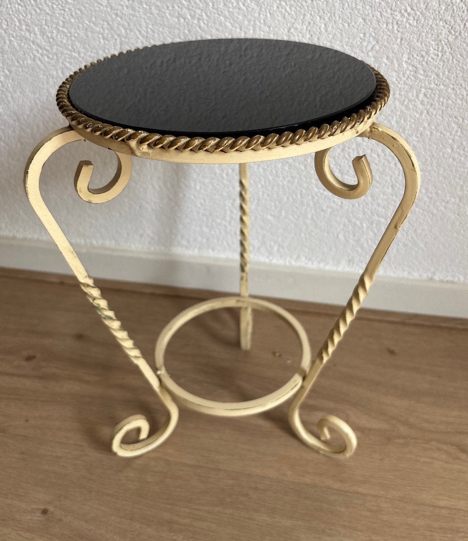 Vintage smeedijzeren plantentafel/bijzettafel, natuursteen, 45 tot 60 cm, Minder dan 55 cm, Metaal of Aluminium, Ophalen of Verzenden