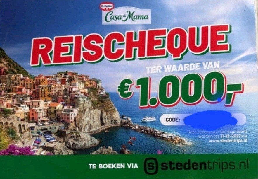 gewonnen reischeque ter waarde van €1000 naar Italië, Tickets en Kaartjes, Twee personen