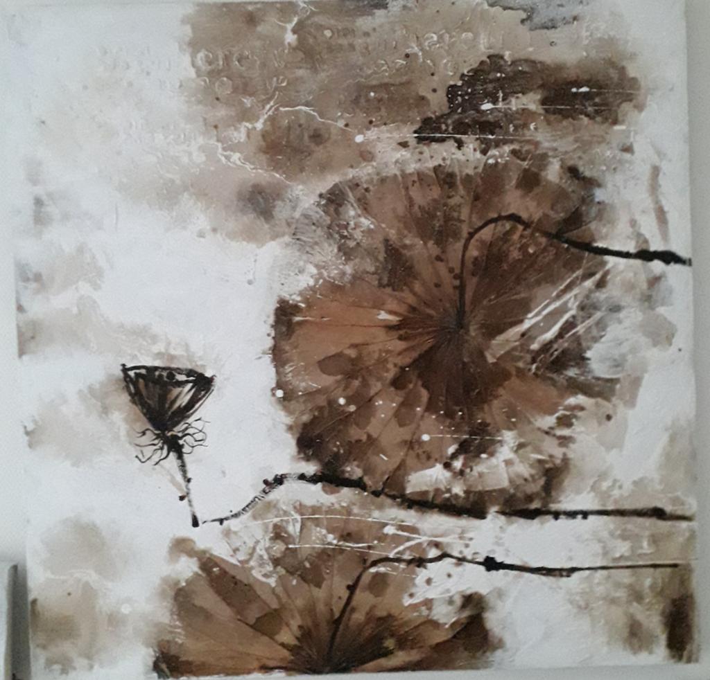 Abstract verf schilderij kleur bruin, taupe 100 x 100 cm., Antiek en Kunst, Ophalen of Verzenden