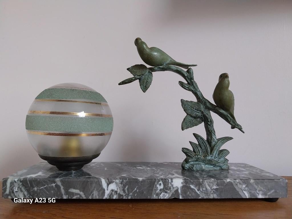 Art Deco tafellamp vogels op marmer zamak lamp jaren 30, Ophalen of Verzenden