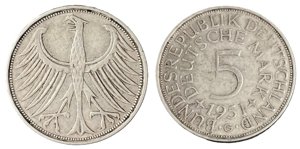 Duitsland 5 mark 1951 zilver, Verzenden, Duitsland, Losse munt, Zilver