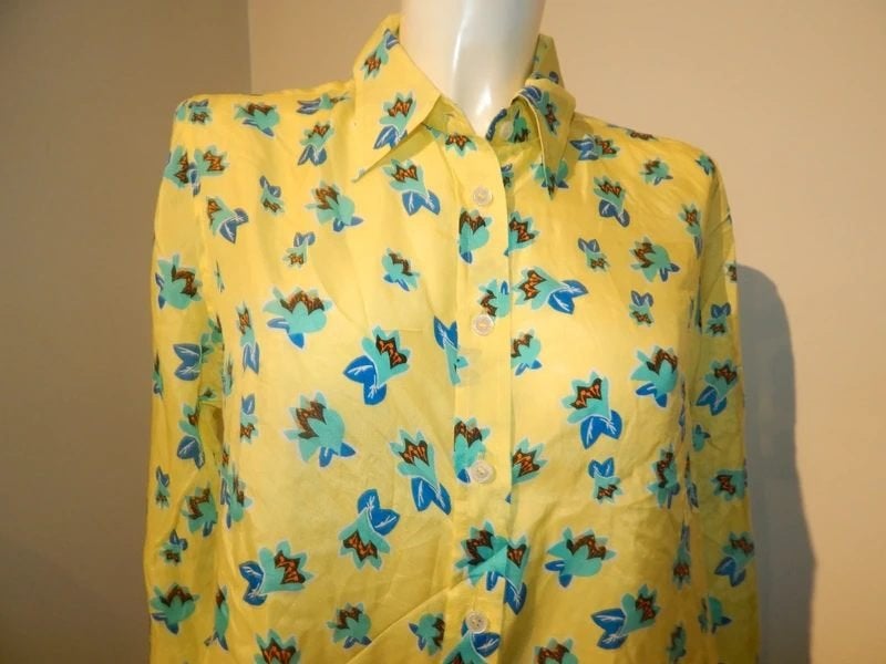 Caliban prachtige zijde blouse geel bloemen print I46, Maat 38/40 (M), Verzenden, Geel, Zo goed als nieuw