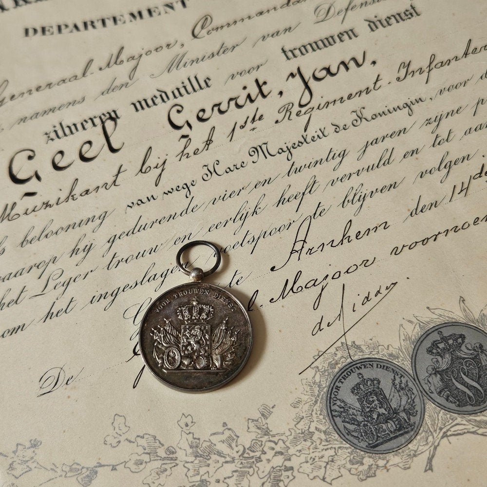 medaille trouwe dienst zilver met oorkonde - TertioFluctus, Ophalen of Verzenden, Landmacht, Nederland, Lintje, Medaille of Wings