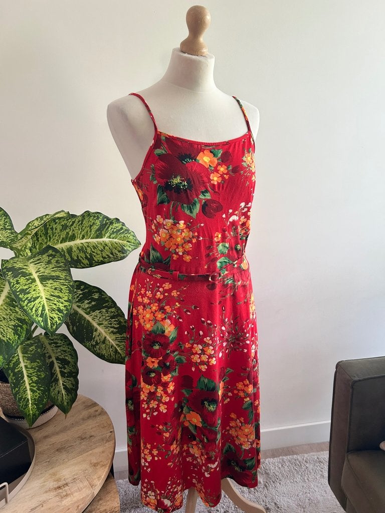 King Louie maat L rode bloemen zomer jurk 3331, Kleding | Dames, Maat 42/44 (L), Ophalen of Verzenden, Zo goed als nieuw, Knielengte