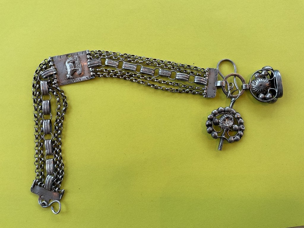 ZILVEREN ZAKHORLOGEKETTING OF CHATELAINE 25 CM, Antiek en Kunst, Ophalen of Verzenden, Zilver