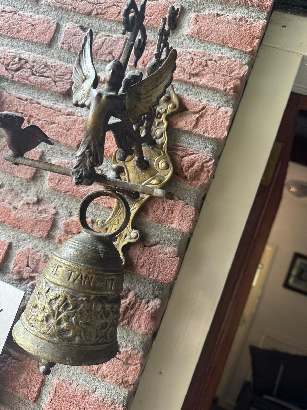 Antieke bronzen deurbel met engel en vogel, Ophalen of Verzenden