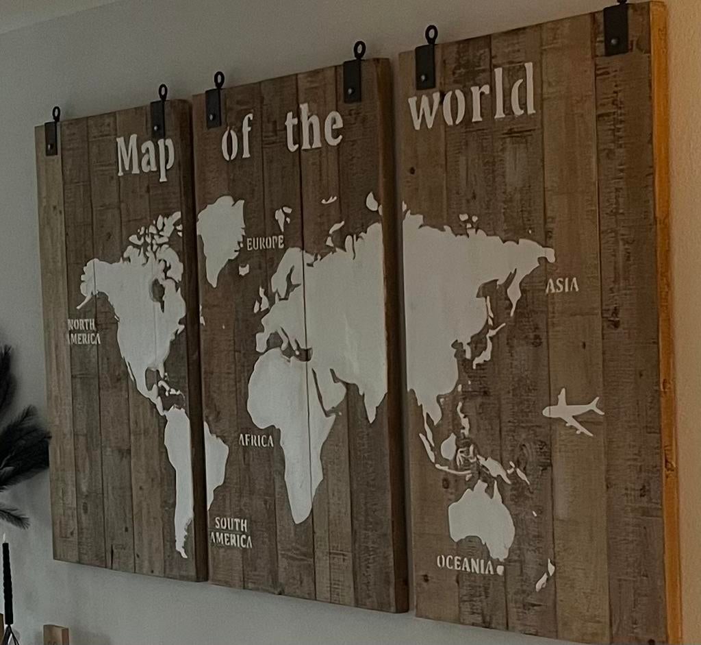 Map of the World - Houten Wereldkaart (panelen), Huis en Inrichting, Ophalen, Hout, Vintage, 220 cm