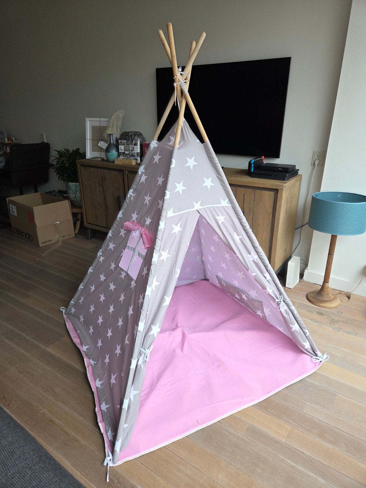Leuke kinder tipi tent met sterren – roze/grijs, Ophalen, Gebruikt