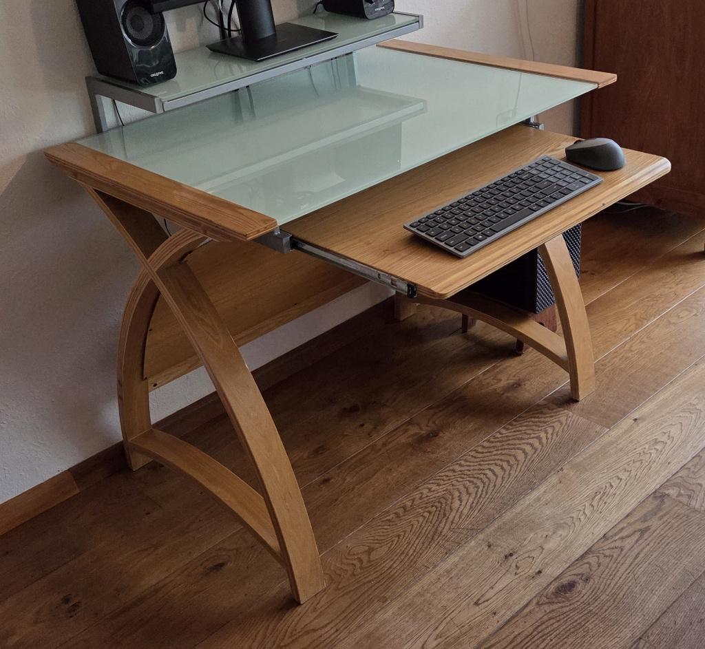 Stijlvol en hoge kwaliteit computermeubel (90 cm breed), Ophalen, Modern eiken, Gebruikt, Glas