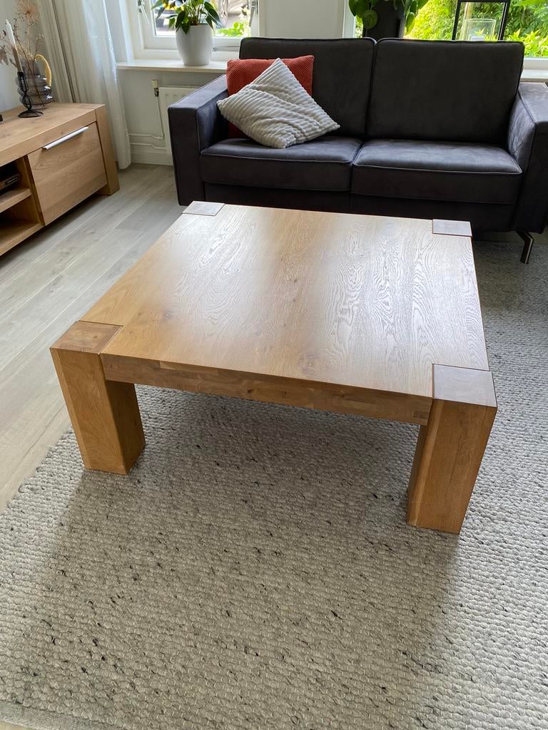 Eiken salontafel, robuust, behandeld met olie 100x100 cm, Ophalen, 100 tot 150 cm, 50 tot 100 cm, Zo goed als nieuw