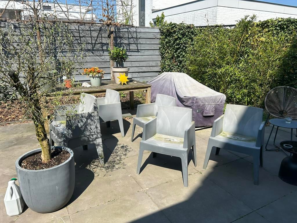 Philip starkck tuinstoelen 6 x grijs €90, Ophalen of Verzenden, Kunststof, Stapelbaar