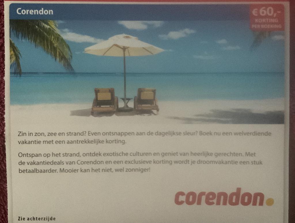 Corendon Vakantie Voordeelbon, Tickets en Kaartjes, Drie personen of meer, Kortingsbon, Overige typen