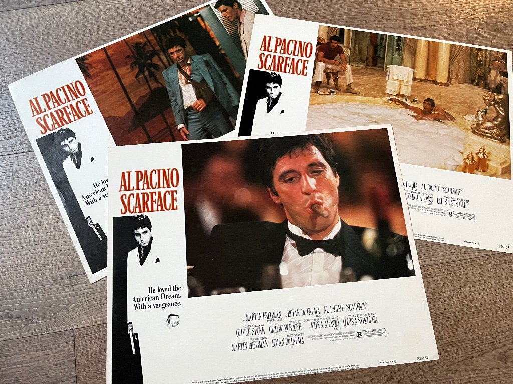 3 grote lobby cards "Scarface", Verzamelen, Rechthoekig Liggend, Ophalen of Verzenden, Zo goed als nieuw, A1 t/m A3