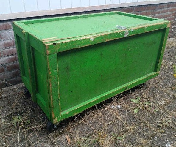 Groene houten kist op wielen - Opbergkist, Ophalen, Gebruikt, 50 tot 100 cm, 5 – 50
