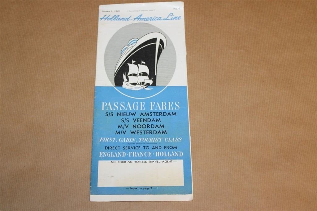 Holland-America Line - Passage Fares - 1949, Verzamelen, Ophalen of Verzenden, Zo goed als nieuw, Kaart, Foto of Prent