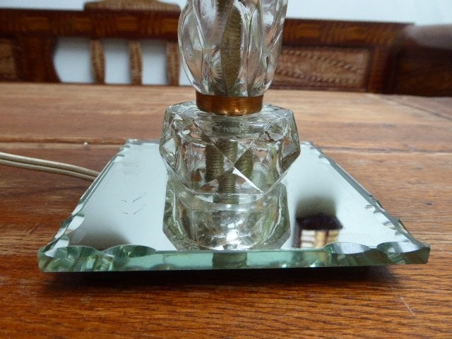 Persglazen lampje met spiegelglas voetje en origineel kapje, Antiek en Kunst, Ophalen of Verzenden