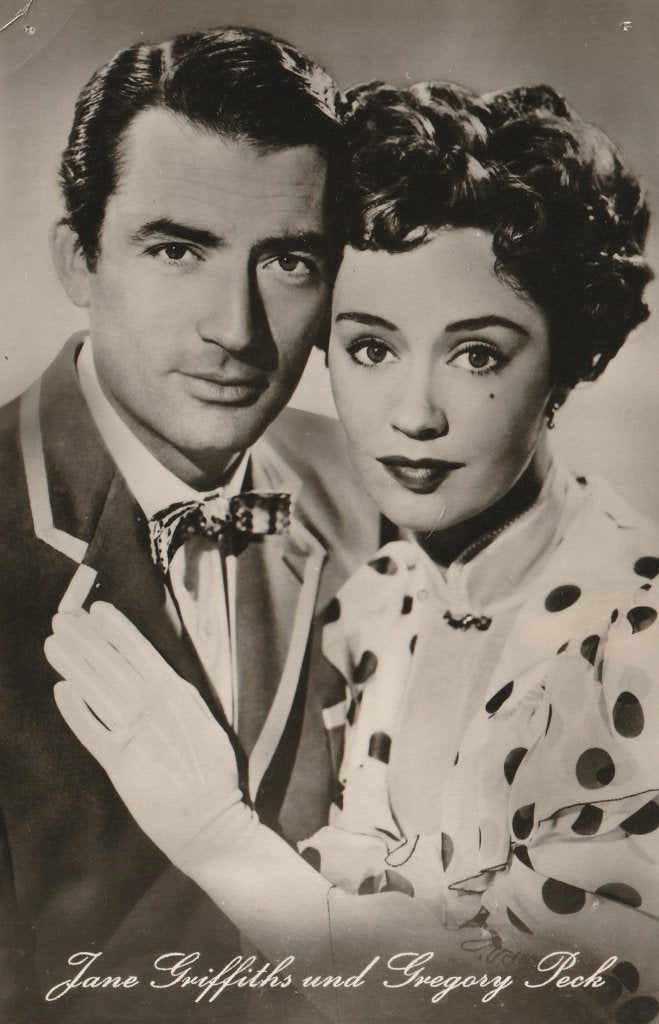 Oude Kaart Jane Griffiths & Gregory Peck (2 speldengaatjes), Verzenden, Gebruikt, Film, Foto of Kaart