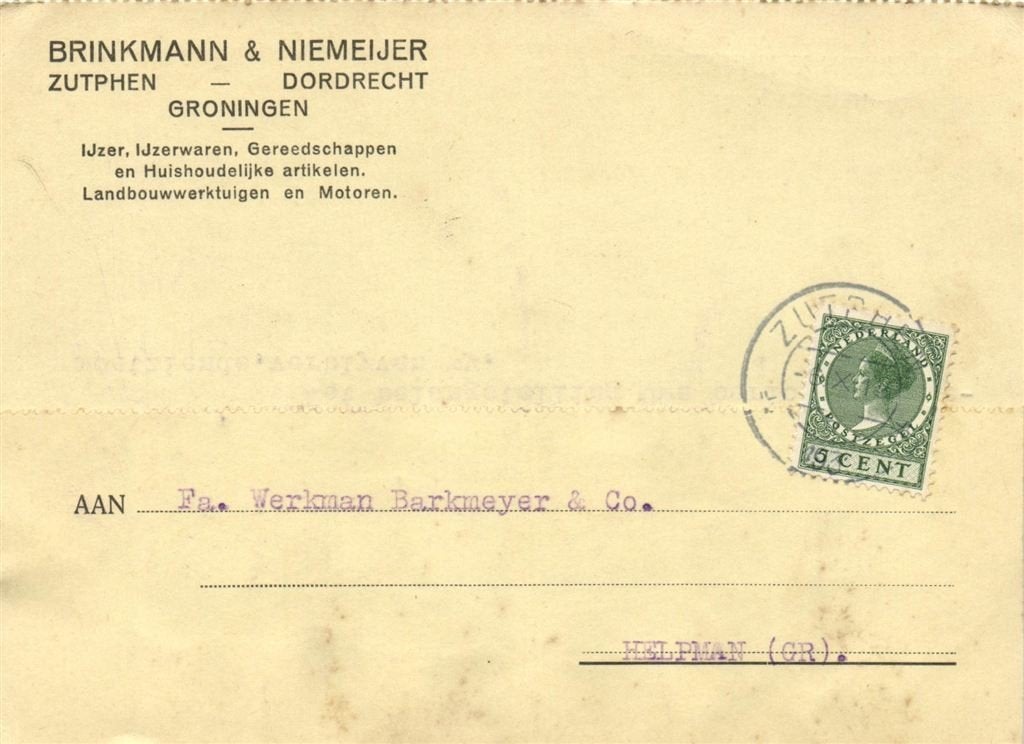 Brinkmann + Niemeijer, Zutphen - 10.1931 - briefkaart, Ophalen of Verzenden, Briefkaart